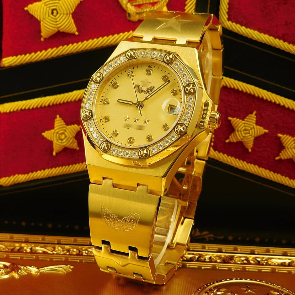 战神G809型金钻机械全自动腕表，镀金镶钻男表，纪念收藏手表，送礼好物！ 西铁城21钻机芯